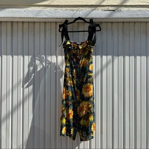 Sandro Paris navy yellow sunflower print silk sleeveless midi dress